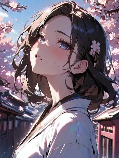 masterpiece,best quality,outdoors,extremely delicate and beautiful,beautiful detailed eyes and face,1girl,black_hair,cherry blossom,white_clothes,mole,solo