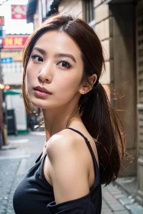 Best quality,masterpiece,ultra high res,(photorealistic:1.2),1girl,deep shadow,low key,(photorealistic:1.2),slim body,japanese street alley,dynamic pose,face closeup,<lora:hebe_tien:0.9>,