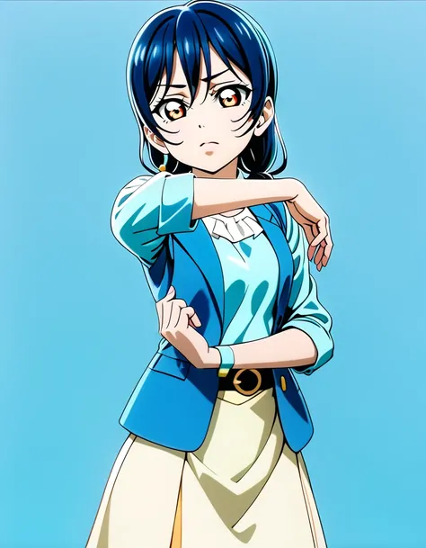 1girl,solo,
sonoda umi, love live!
casual wear,skirt,
serious,
<lora:curespicyposeXL2:1>,curespicypose,
(legs apart:0.6), pose,
looking at viewer,
(simple background:1.2),blue background,
cowboy shot,
masterpiece, best quality, ultra detailed, highres,4k,(...