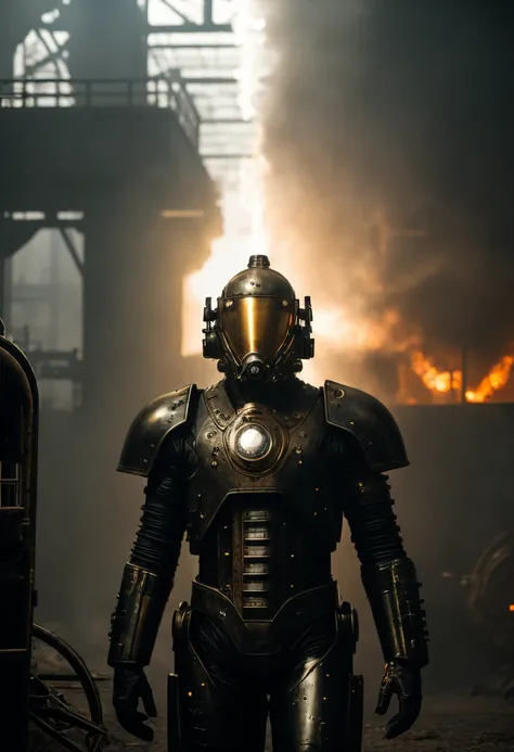 man in a steam powered exo-suit, heavy brass metal frame, cogs and pistons, helmet, (pipes and steam everywhere), in a gritty industrial setting, cinematic film still, directed by Denis Villeneuve|Zack Snyder, steampunk masterpiece, (victorian style:1.2)