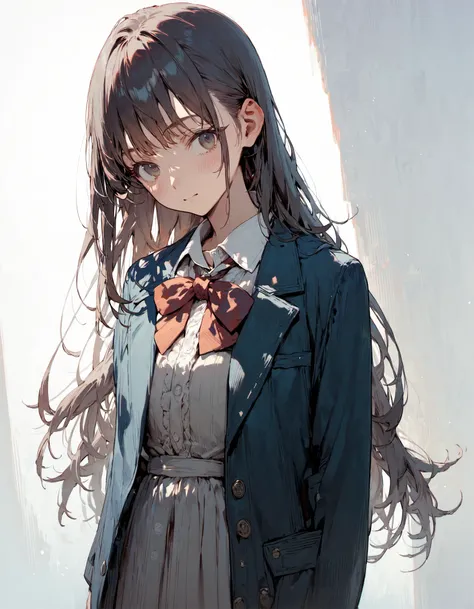 1girl, :o, black eyes, black hair, blue jacket, closed mouth, collared shirt, dress shirt, jacket, long hair, looking at viewer,...