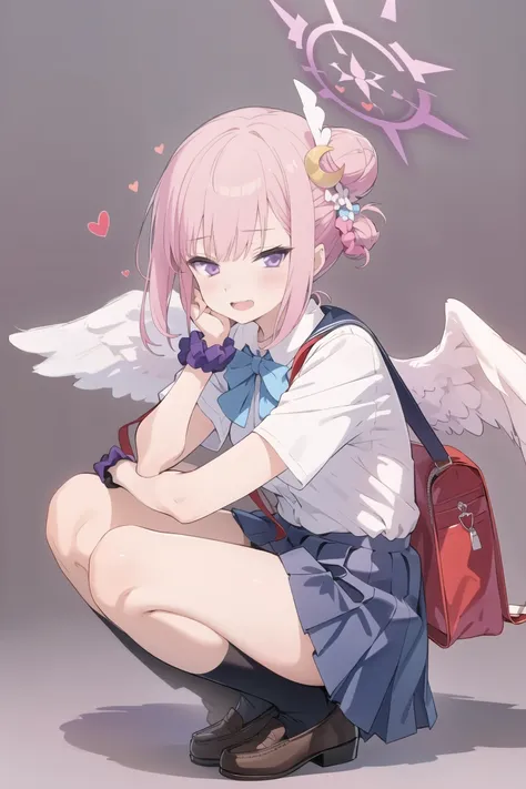 masterpiece,best quality,1girl,mika (blue archive),wrist scrunchie,scrunchie,pink hair,halo,solo,hair ornament,skirt,shirt,wings,white shirt,hair bun,black socks,flower,hair flower,bag,loafers,shoes,school uniform,brown footwear,squatting,looking at viewer...