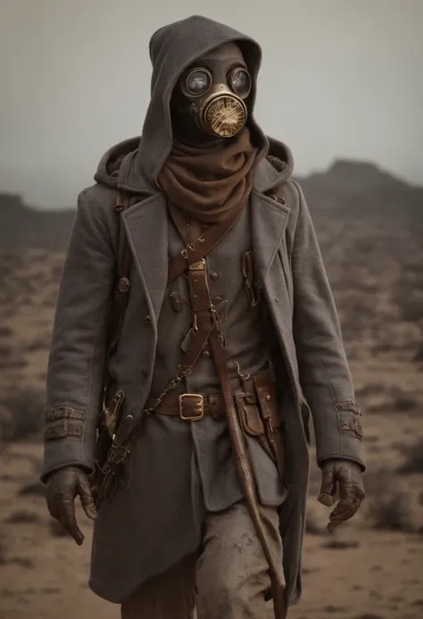 hooded ranger wearing a long brass ww2 gas mask, cogs and brass tubes and pipes, drawn leather hood, ash everywhere, (barren landscape of grey ash and sky:1.2), cinematic film still, directed by Denis Villeneuve|Zack Snyder, steampunk masterpiece, (victori...