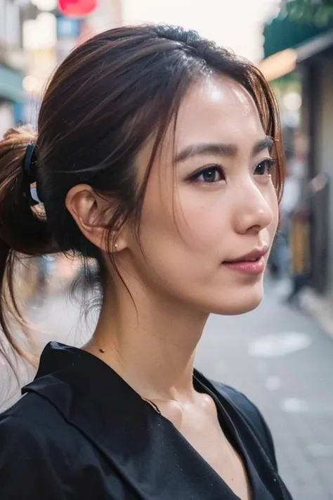 Best quality,masterpiece,ultra high res,(photorealistic:1.2),1girl,deep shadow,low key,(photorealistic:1.2),slim body,japanese street alley,dynamic pose,face closeup,<lora:hebe_tien:0.9>,