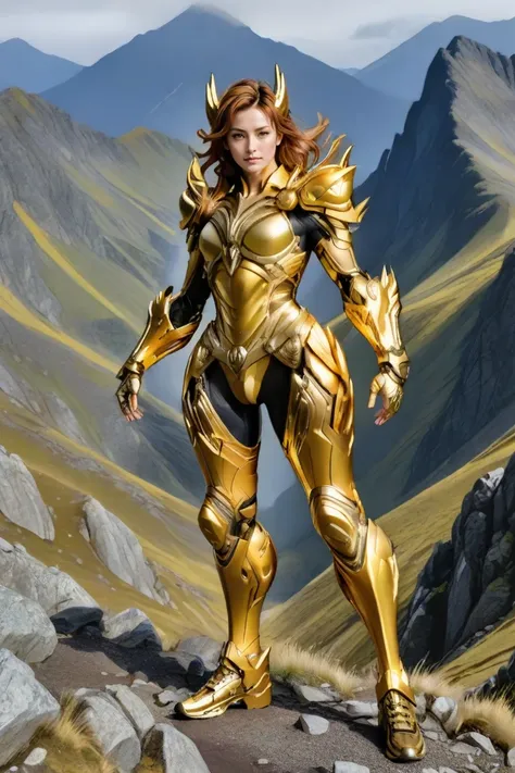 hxarmour,1 woman,(yellow armour:1.1),mountain,walking,<lora:HXarmour_005XL:0.9>,