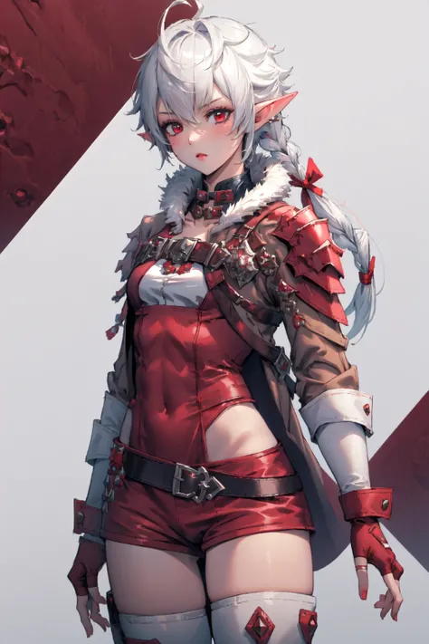 <lora:alisaie-nvwls-v1:0.8> alisaie, 1girl, single braid, hair ribbon, brown jacket, red dress, fur trim, belt, thigh boots , single braid, hair ribbon, red jacket, shoulder armor, fingerless gloves, white shirt, red belt, white shorts, thigh boots