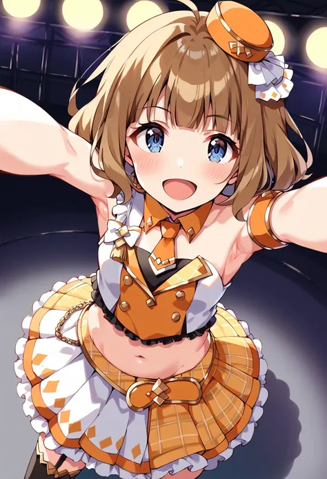 score_9, score_8_up, score_7_up, source_anime BREAK
1girl, suou momoko, diamond chronicle, outstretched arms, crop top, bare shoulders, blunt bangs, brown hair, flat chest, smile, white skirt, short hair, arms up, layered skirt, orange neckwear, mini hat, ...