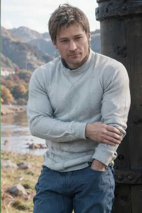 <lora:nicolajcoster:0.9> nicolajcoster a man wearing Fisherman sweater and rugged jeans , highland moor