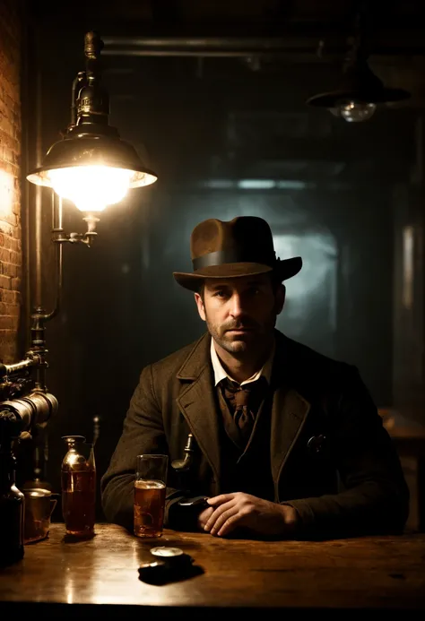 1man, handsome, portrait, a grizzled detective sits under the war glow of gas light, gloomy empty bar, holding a scotch, glass of whiskey, trilby and a parker, (pipes:1.2),cinematic film still, directed by Denis Villeneuve|Zack Snyder, steampunk masterpiec...