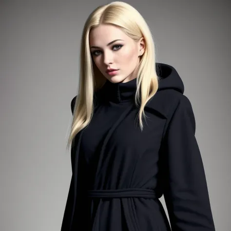 Russian girl in long black coat, blonde