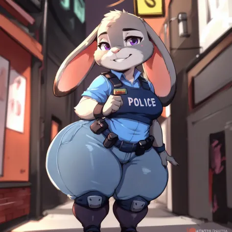 <lora:Hyper_HipsV1.21:2>  anthro, solo, female, judy hopps, short stack, standing, lagomorph, grey fur, purple eyes, city street, police uniform, (hyper hips:1.2), lop ears, detailed background, looking at viewer, smirk, by battler, by inu-sama, by mangobi...