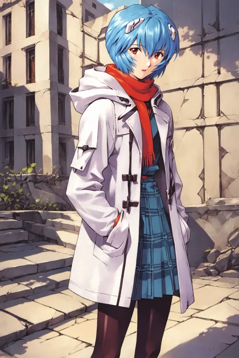 1girl,solo,ayanami rei,ruins,blue hair,coat,red eyes,skirt,plaid,hood,short hair,pantyhose,standing,plaid skirt,hood up,white coat,outdoors,building,looking at viewer,signature,long sleeves,scarf,hair between eyes,hooded coat,bangs,city,open coat,parted li...