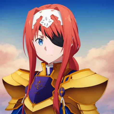 <lora:alice:1> alice, alice zuberg, 1girl, sky, red hair, solo, eyepatch, gold armor, white hairband, blue eyes, long hair, hairband, armor