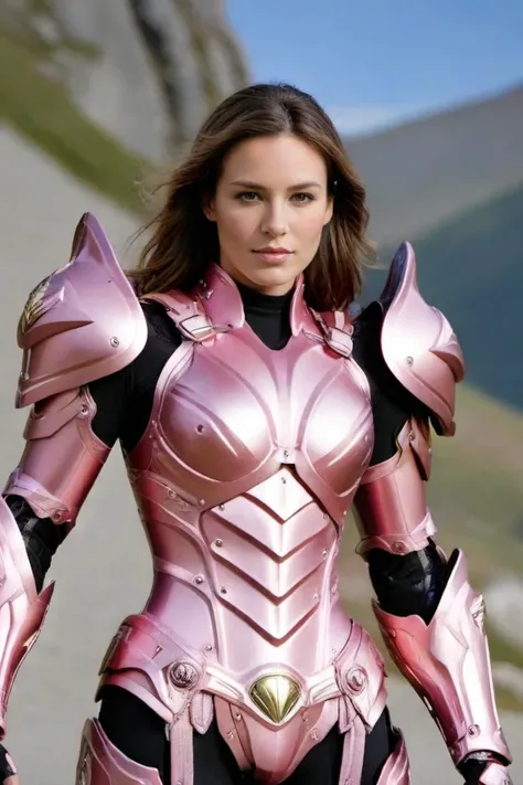 hxarmour,1 woman,(pink armour:1.1),mountain,<lora:HXarmour_005XL:0.6>,