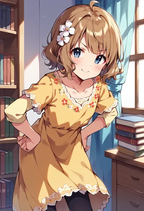 score_9, score_8_up, score_7_up, source_anime BREAK
1girl, suou momoko, casual, leaning forward, white flower, smile, short hair, print dress, light brown hair, brown hair, collarbone, short over long sleeves, yellow shirt, wavy hair, holding, closed mouth...