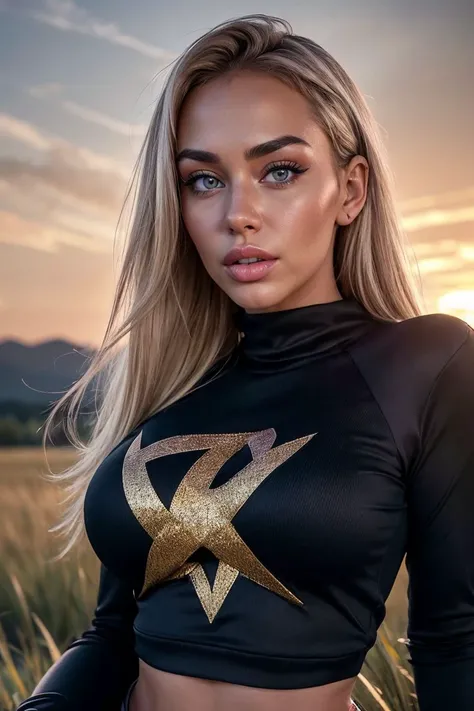 photo of S349_NinaEs,a stunning woman,on a (field:1.1),wearing a (sweatshirt:1.1),(leggings),(sunset),(4k, RAW photo, best quality, depth of field, ultra high res:1.1),(absurdres, intricate, photorealistic, masterpiece, ultra-detailed:1.1),