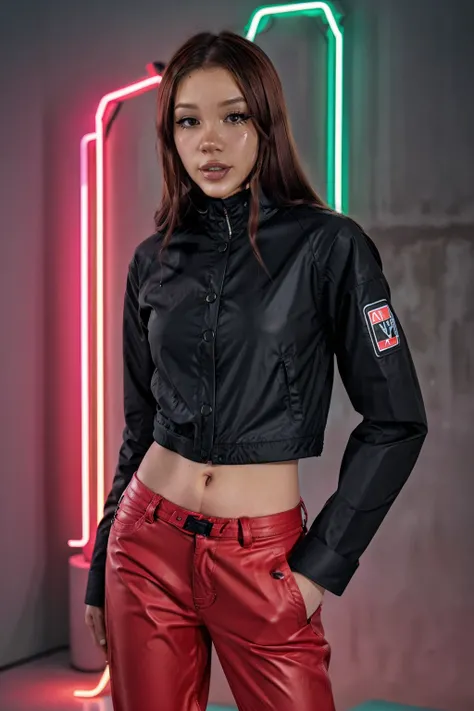 <lora:4l1c3d3l1sh:0.6> 4l1c3d3l1sh, 1girl, cyberpunk background, neon lights, portrait, looking at viewer, oversized jacket, black shirt, red pants, edgerunners, 2077, brown long hair, fully clothed, front