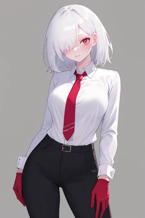 masterpiece, best quality, 1girl, solo, medium hair, white hair, hair over one eye, red eye, collared shirt, white shirt, long sleeves, red necktie, medium breasts, black pants, black gloves, cowboy shot, simple background,  <lora:EonsangManualV2:0.7>