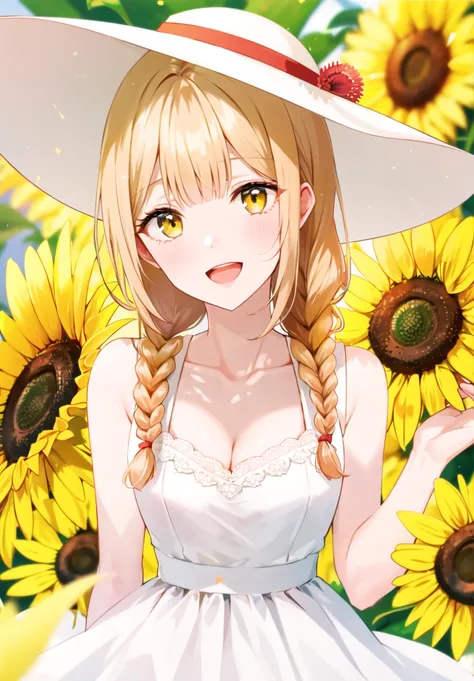 1girl, bangs, bare_shoulders, blonde_hair, blunt_bangs, blurry, blush, braid, breasts, brown_headwear, cleavage, collarbone, dandelion, day, dress, eyebrows_visible_through_hair, field, flower, flower_field, frills, hat, hat_flower, hat_ornament, holding_f...