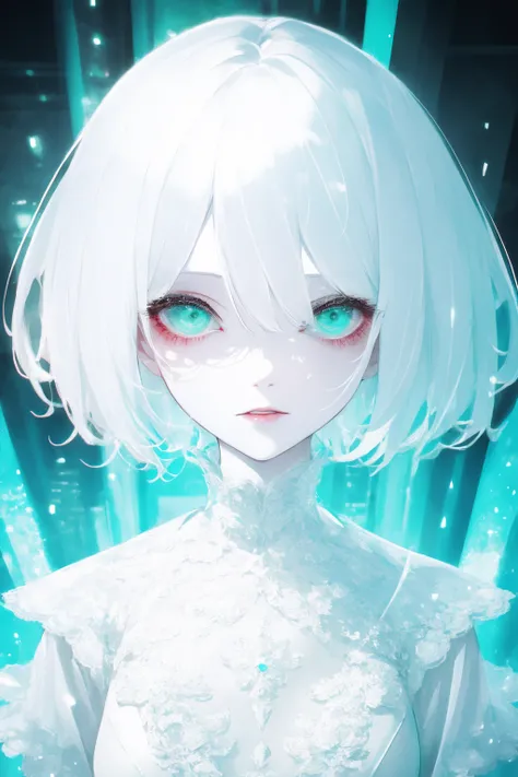 absurdres, hyper quality, hyper detailed, 1 girl, solo, white skin, white hair, short hair, large eyes, detailed beautiful eyes, green eyes,