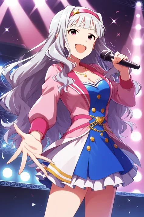 score_9, score_8,  aatakane, solo, long hair, hairband, medium breasts, <lora:shijou_takane_XL_v1:0.8>, cleavage, idol clothes, hair ornament, standing, cowboy shot, singing, stage, holding microphone, smile, open mouth, reaching out,