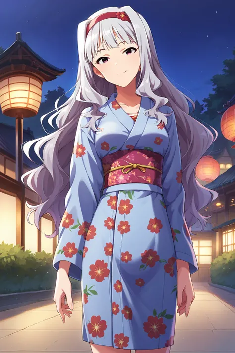 score_9, score_8,  aatakane, solo, long hair, hairband, medium breasts, <lora:shijou_takane_XL_v1:0.8>, floral print, yukata, smile, night, summer festival, standing, cowboy shot, smile