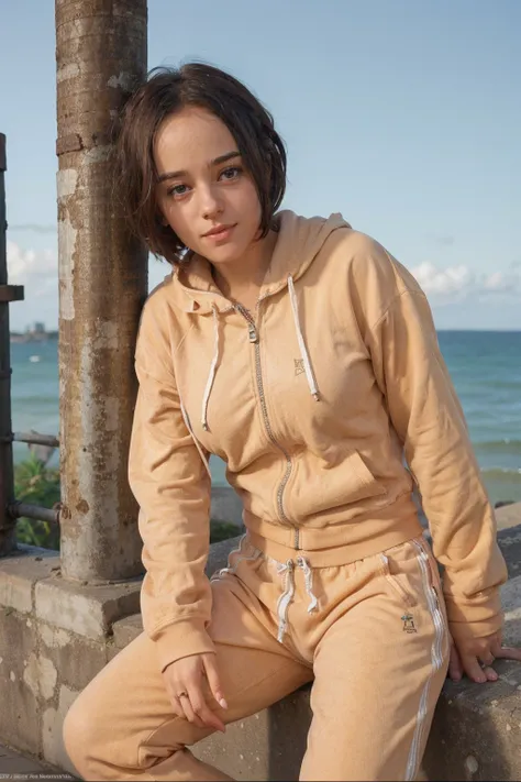 alizee <lora:alizee:0.8>, ,a woman wearing Zip-up hoodie and tracksuit bottoms, toundra, (golden hour:0.5)