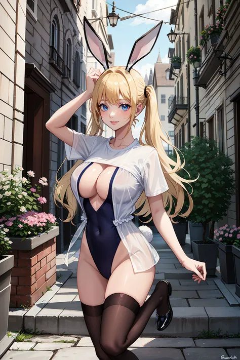 (nsfw),<lora:sexy_one-piece_swimsuit:0.9>,1girl,smile,one-piece swimsuit,white half t-shirt,short sleeves,(cleavage,cleavage cutout,large breasts),white thighhighs,white short see-through skirt,(blonde hair, rabbit ears, twintails),((jumping)),full body,fr...