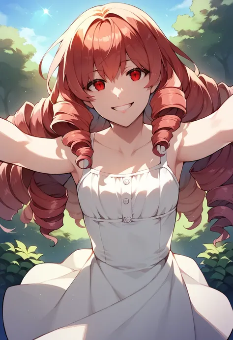 score_9, score_8_up, score_7_up, source_anime, 1girl,red eyes,smile, outdoors, best quality,  red hair, ringlets, outstretched arms, portrait,  white sundress,  <lora:ReDrop-Style-PonyXL:1>