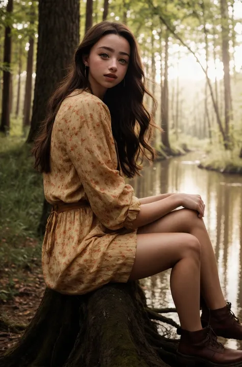 RAW photograph, tv_Mishka_Silva_M,  , calm expression, wearing a colorful sundress, sitting on a log at a misty forest pond, golden hour, shot from the side,,  (((epic-Ultra-HD-details, epic-Ultra-HD-highlights, upscaled-resolution, optimal))) ,  PA7_Human...