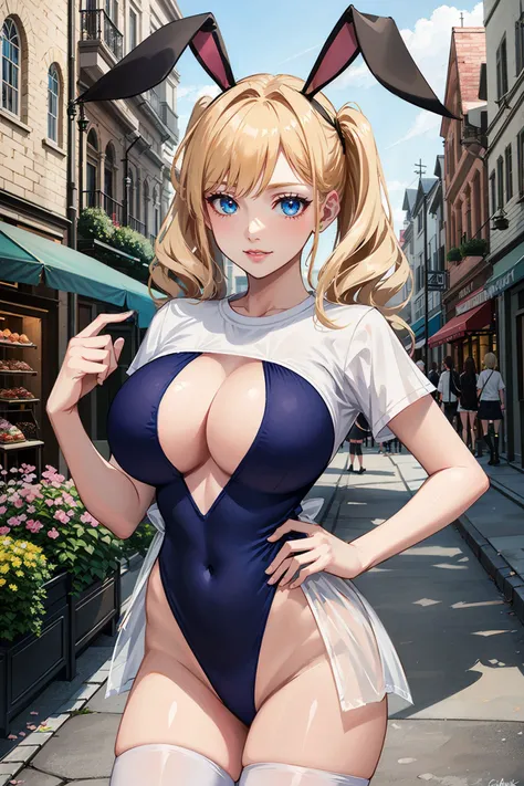 (nsfw),<lora:sexy_one-piece_swimsuit:0.9>,1girl, smile,pink one-piece swimsuit,white half t-shirt,short sleeves,(cleavage,cleavage cutout,large breasts),white thighhighs,white short see-through skirt,(blonde hair, rabbit ears, twintails),standing,upperl bo...