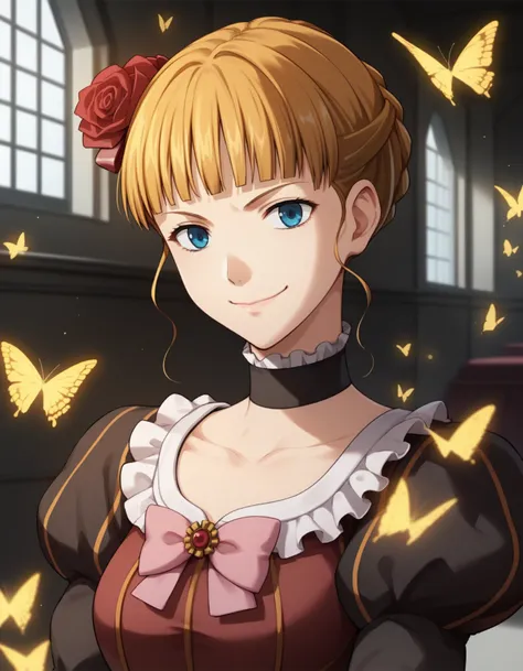 score_9, score_8_up, score_7_up, source_anime, 1girl, solo, beatrice (umineko), pink bow, choker, castle interior, dress, hair ornament, yellow butterflies, upper body, smile, closed mouth, <lora:Beatrice:1>