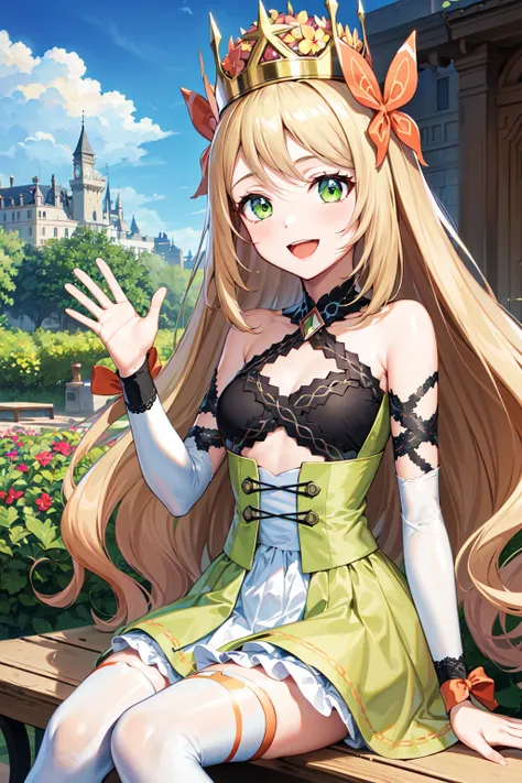 masterpiece, best quality, highres, aaceline, long hair, crown, hair ornament, green eyes, breasts, bare shoulders, dress, detached sleeves, bow, white thighhighs, <lora:celine_(fire_emblem)_v1:0.7>, sitting, waving, bench, garden, castle, smile, open mout...