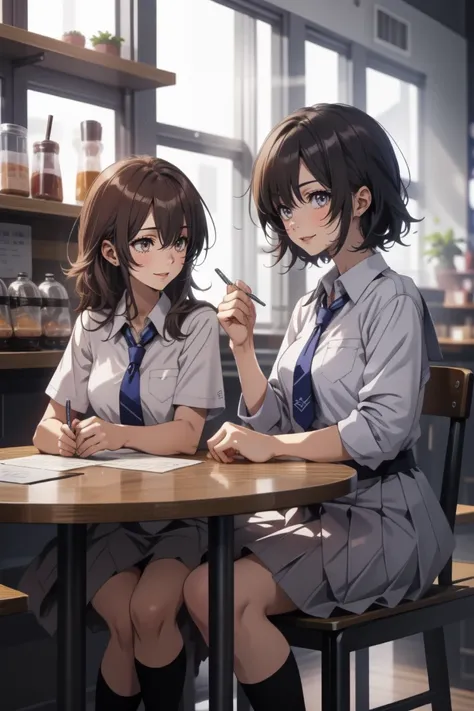 2 girls at coffee shop , school uniform, joyful talking, (anime)