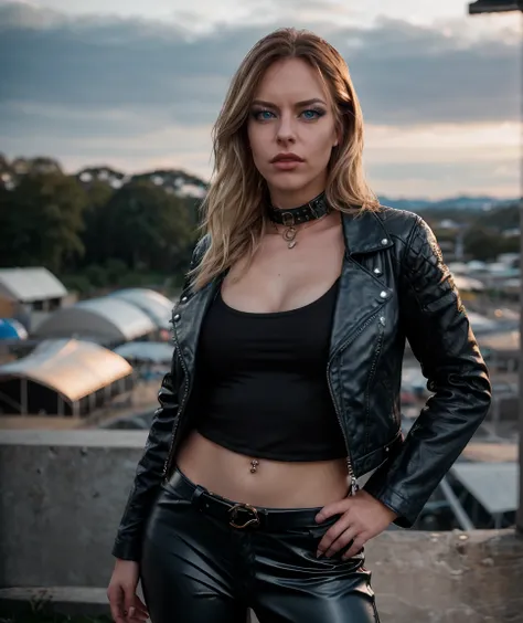 cinematic photo  <lora:quiron_laura guldemond_v1_Lora:0.87> LauraGuldemondQuiron,   at rock stage, realistic blue eyes, wearing leather pants and jacket, at stage,  . 35mm photograph, film, bokeh, professional, 4k, highly detailed, skin pores, perfect iris...