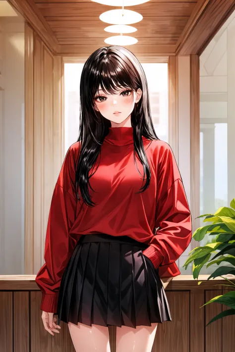 (masterpiece, best quality), <lora:nari v1.5-lora-Faxtron:0.8> nari, black eyes, black hair, long hair, red sweater, long sleeves, black pleated skirt, standing,
<lora:add_detail:0.8>,