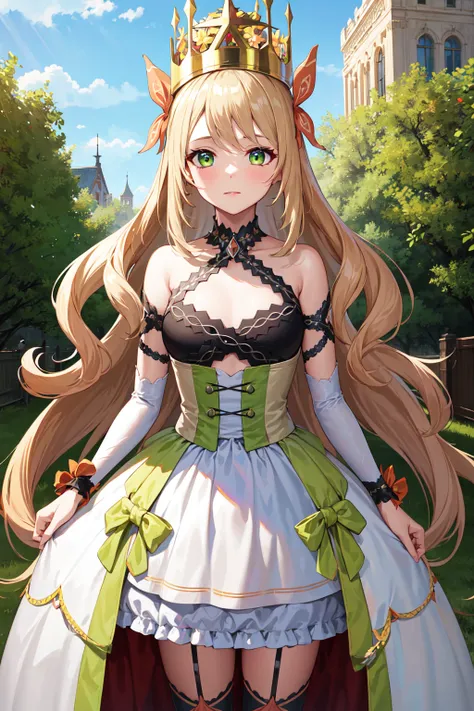 masterpiece, best quality, highres, aaceline, long hair, crown, hair ornament, green eyes, breasts, bare shoulders, dress, detached sleeves, bow, white thighhighs, <lora:celine_(fire_emblem)_v1:0.7>, standing, cowboy shot, outdoors