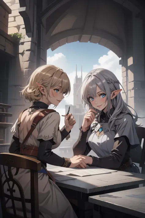 official art, fantasy, 2girls talking  ,elf,  adventurers guild counter, smile