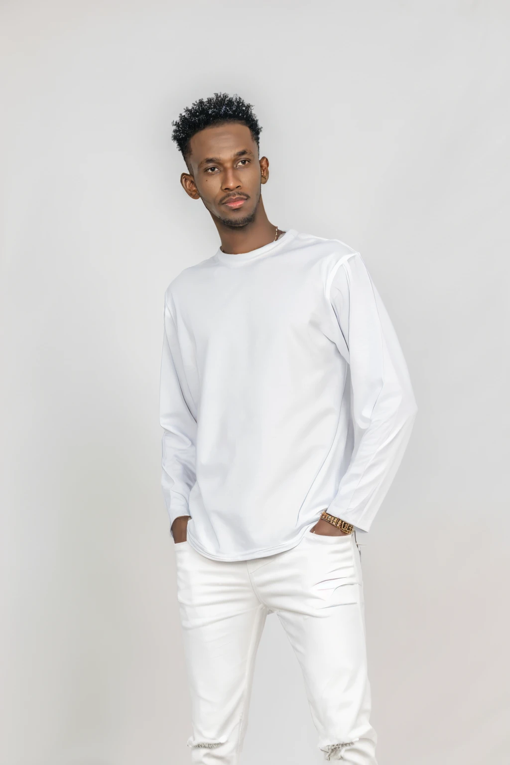 1boy,solo,dark skin,male focus,white pants,dark-skinned male,pants,facial hair,shirt,white shirt,black hair,simple background,looking at viewer,hands in pockets,standing,realistic,long sleeves,<lora:aki:1>,