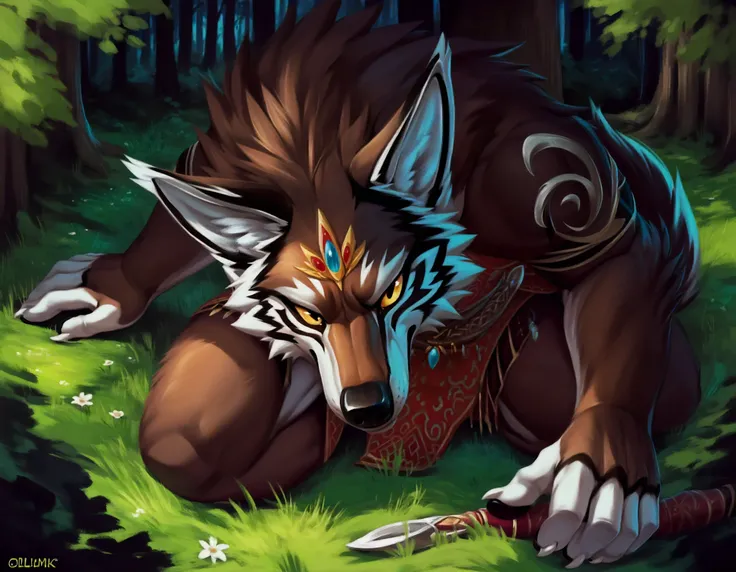 score_9, score_9_up, score_8_up, score_7_up, score_6_up, score_5_up, rating_safe, source_furry, anthro, wolf link black and green, zelda twilight princess, solo, in a dark forest at night with glowing fantasy lights, digital art anthro, tail, fully in view...