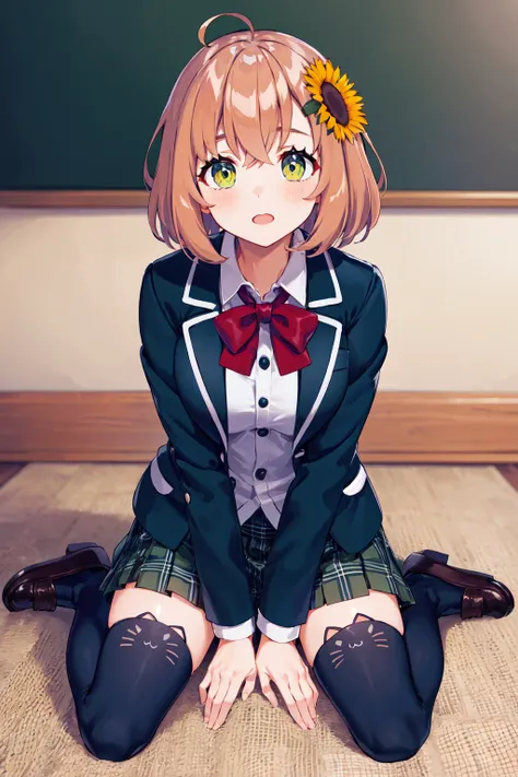 masterpiece, best quality, highres, aahimawari, short hair, ahoge, hair flower, school uniform, red bowtie, collared shirt, blazer, blue jacket, open jacket, long sleeves, plaid skirt, green skirt, black thighhighs, <lora:honma_himawari_v1:0.7>, indoors, w...