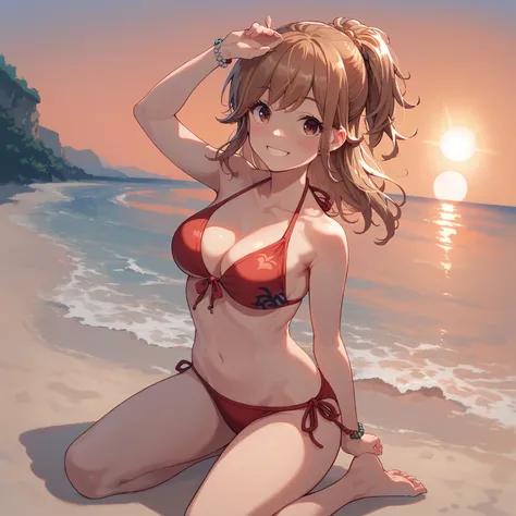 [score_9, score_8_up, score_7_up], source_anime, 1girl, solo, hayasaka mei, red string bikini, kneeling, on arm up, [presenting], looking at viewer, smile, blush, beach, sunset, lens flare, <lora:Smooth2_Pony:1.0> <lora:mei_pony:0.72>