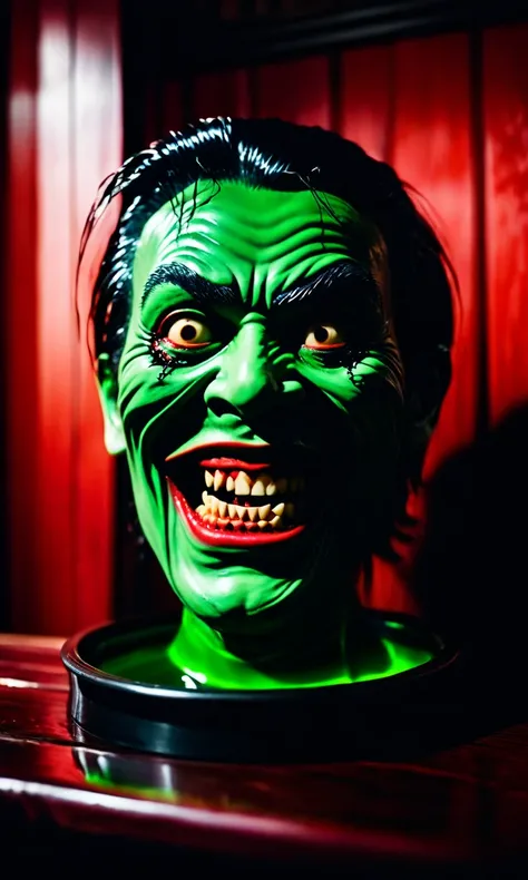 cinematic photo eerie  figure, grotesque facial features, exaggerated expression, sinister smile, sharp teeth, green liquid, reflection on surface, red wooden background, high contrast lighting, horror-themed decoration, deep shadows, vibrant colors, close...