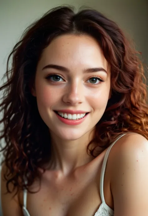 beautiful lady, (freckles), big smile, ruby eyes, long curly hair, dark makeup, hyperdetailed photography, soft light, head and shoulders portrait, cover