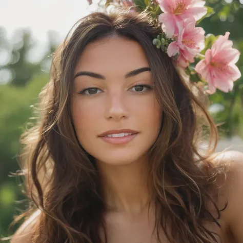 Skin texture, no makeup, Super high res closeup portrait photo of an pretty woman outdoors with long slightly wavy hair, decorative flowers in her hair,f /2.8, Canon, 85mm,cinematic, high quality,looking at the viewer,   <lora:gabmoura_xl_1_standard_wo_cap...