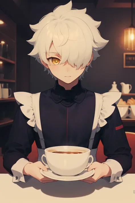 (masterpiece), (best quality), (highres), (ultra-detailed), (good anatomy), (male focus), 1boy Galahad FGO, 1boy, white hair, short hair, hair over one eye, yellow eyes, maid dress, cafe background, cute, looking at the viewer,  <lora:galahad:0.6>