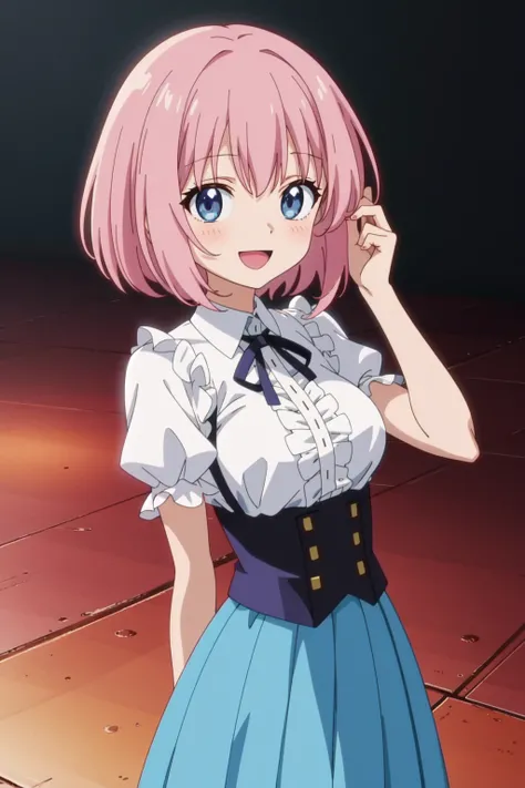 (best quality:1.4), amazing intricate, (anime screencap:1.3), 1girl, (jewely like eyes:1.2), medium breasts, 
happy, :d, pink hair, playing with her hair, 
looking at viewer, 
medium hair, bob cut, 
upper body, 
Frilled blouse worn with a metallic pleated ...