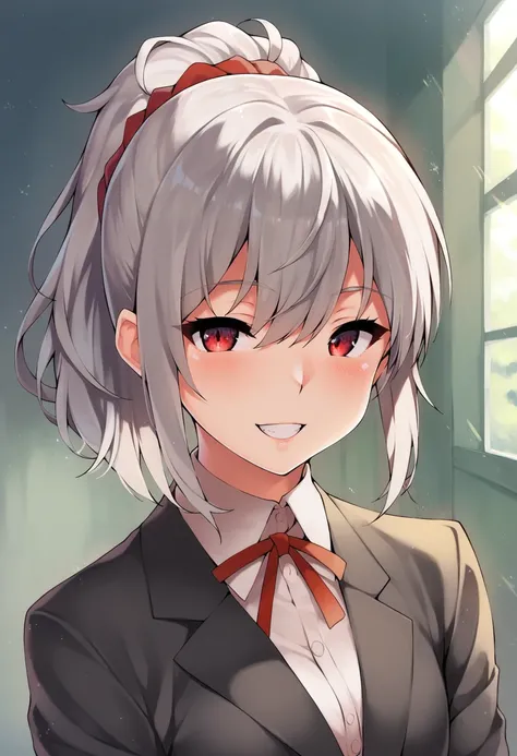 score_9, score_8_up, score_7_up, source_anime, 1girl,red eyes,smile, room, wariza, ponytail,grey hair, portrait, blazer,  <lora:Kawai-Style-PonyXL-v1-000032:1>