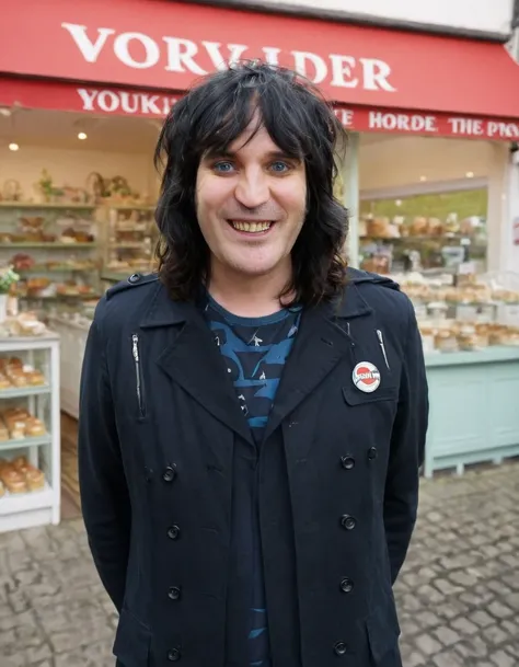 full body, noelfielding smiling, standing in front of a pastry shop