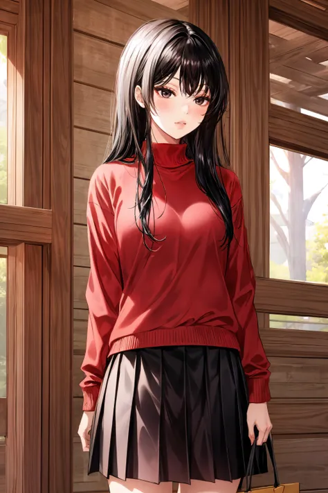 (masterpiece, best quality), <lora:nari v1.5-lora-Faxtron:0.8> nari, black eyes, black hair, long hair, red sweater, long sleeves, black pleated skirt, standing,
<lora:add_detail:0.8>,